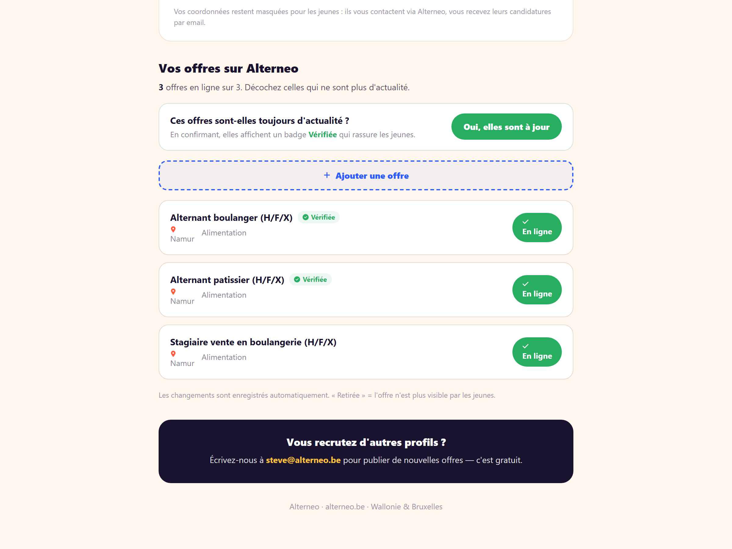 Gestion des offres dans l'espace entreprise