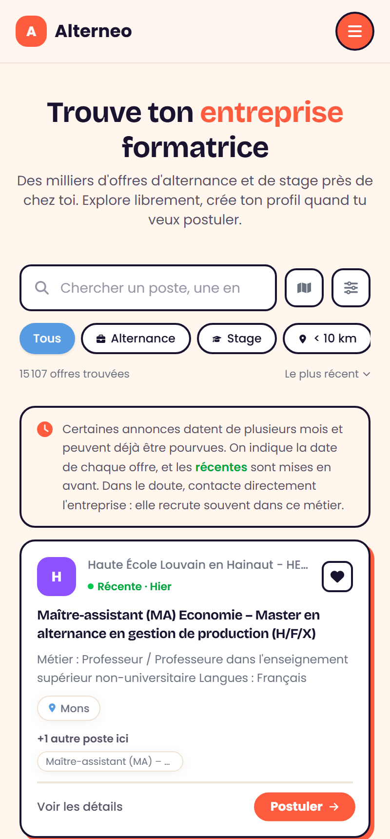 La recherche d'offres côté jeune sur Alterneo